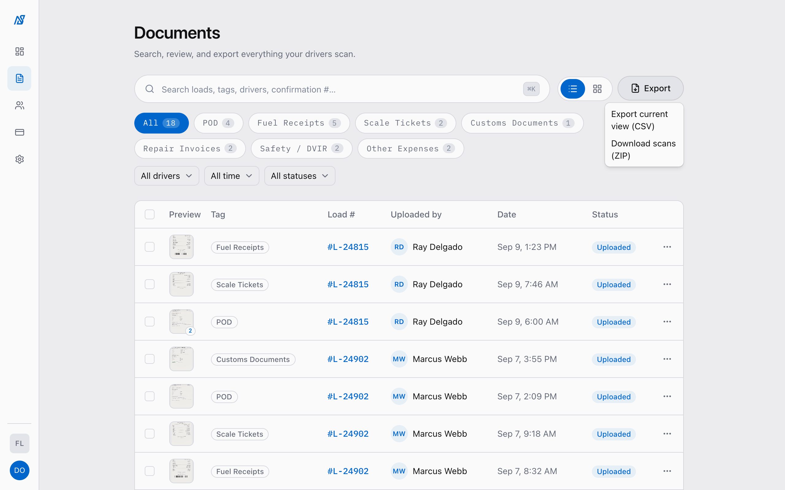 Nexscan documents list with the Export menu open: CSV of the current view or ZIP of the scans