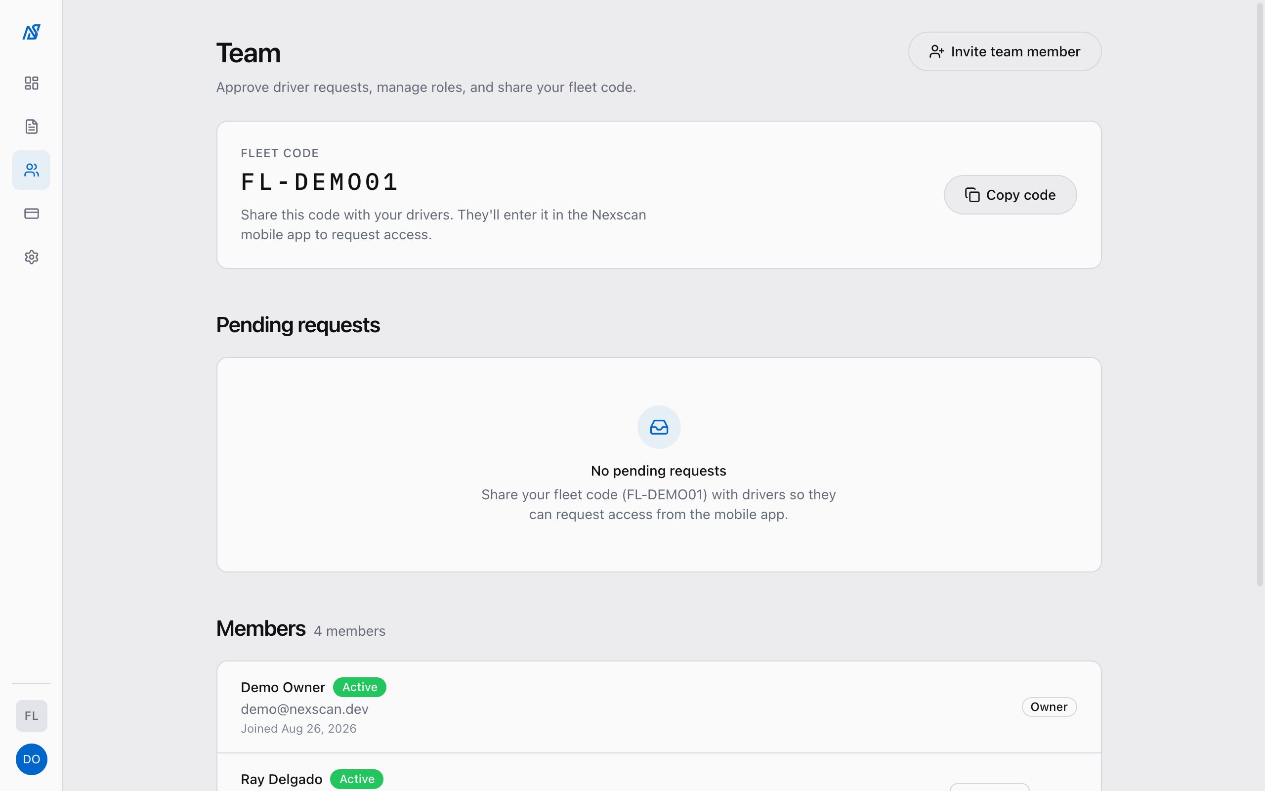 Nexscan team page: fleet members with their roles, and the Fleet ID drivers use to join